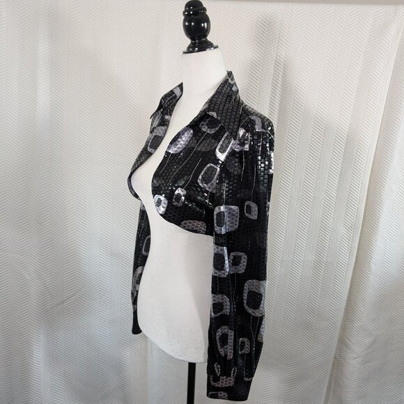 Joseph Ribkoff Black & Silver Bolero Cropped Jacket Shrug Size 8 Holographic - Picture 2 of 14